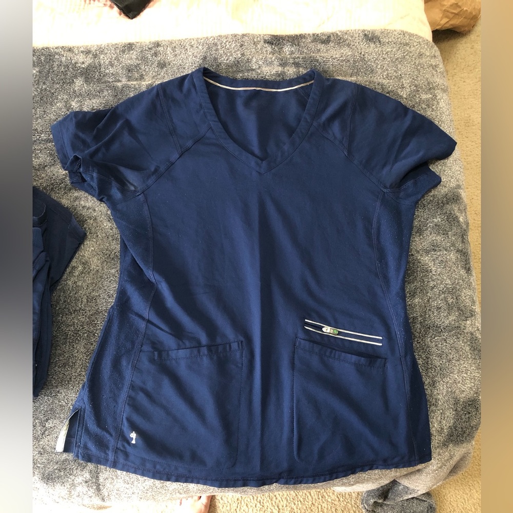 *TWO* medium navy healing hands style UT2284 scrub tops, worn but no seam issues